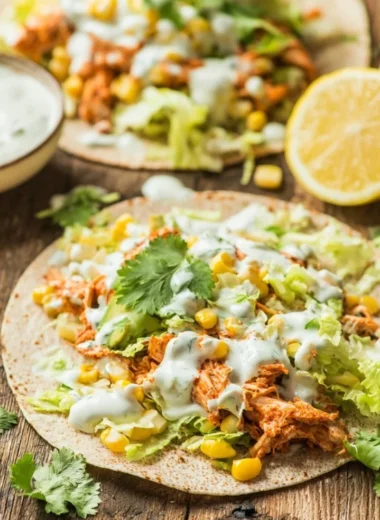 Skinny buffalo chicken tacos served in a vibrant dish with toppings