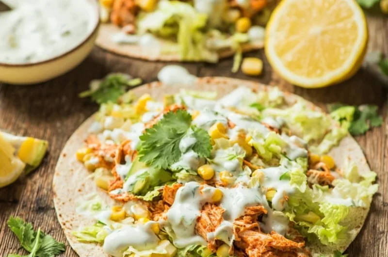 Skinny buffalo chicken tacos served in a vibrant dish with toppings