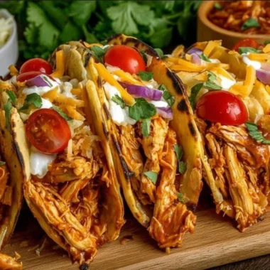 Slow cooker shredded chicken tacos topped with fresh ingredients and served in tortillas