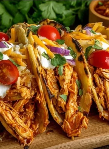 Slow cooker shredded chicken tacos topped with fresh ingredients and served in tortillas