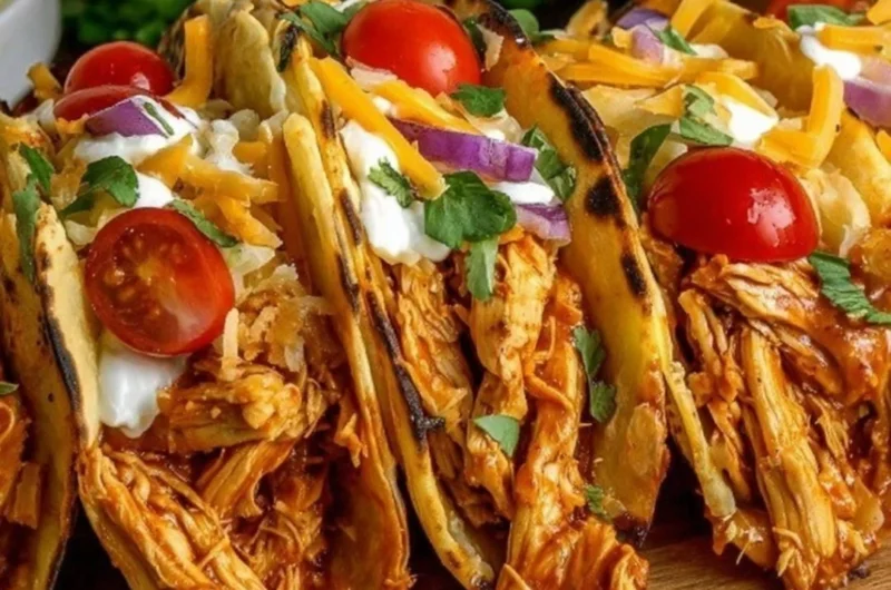 Slow cooker shredded chicken tacos topped with fresh ingredients and served in tortillas