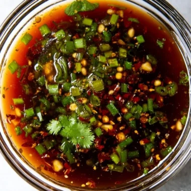 Delicious homemade spring roll sauce in a dipping bowl with fresh spring rolls.