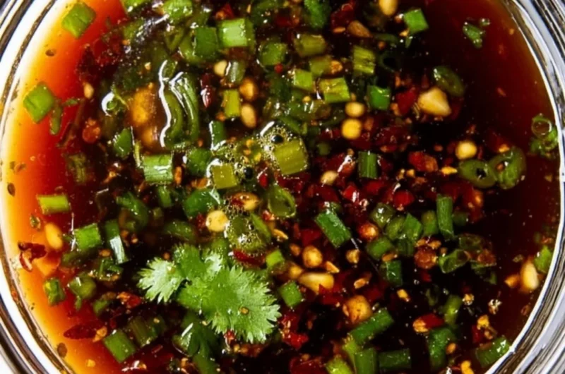 Delicious homemade spring roll sauce in a dipping bowl with fresh spring rolls.