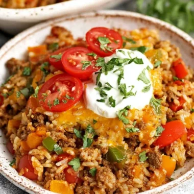 Delicious stuffed pepper casserole in a baking dish, topped with melted cheese.