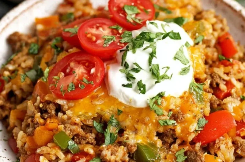 Delicious stuffed pepper casserole in a baking dish, topped with melted cheese.