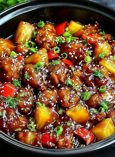 Sweet Hawaiian Crockpot Chicken served with rice and pineapple