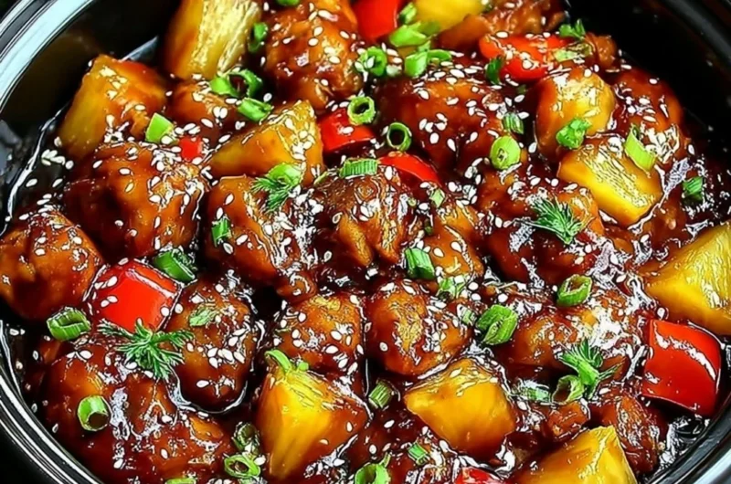 Sweet Hawaiian Crockpot Chicken served with rice and pineapple