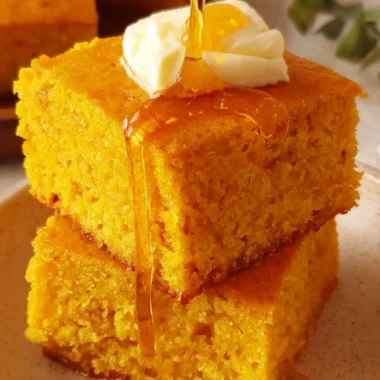 Slice of homemade Sweet Potato Cornbread on a wooden plate.