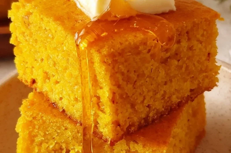Slice of homemade Sweet Potato Cornbread on a wooden plate.