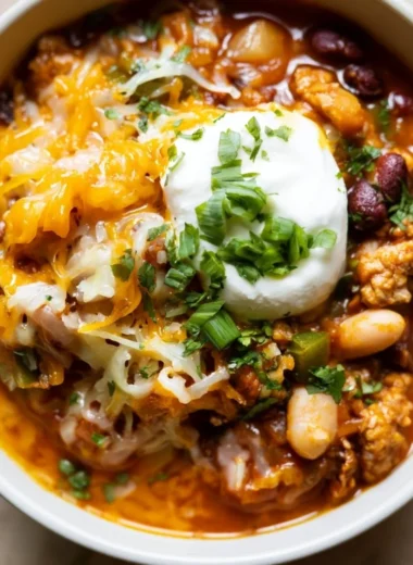 Delicious Turkey Pumpkin Chili in a bowl with toppings