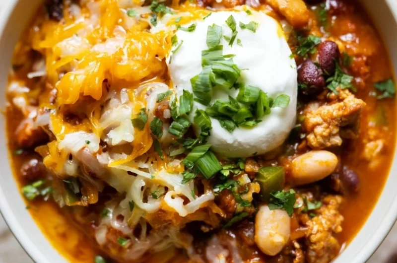 Delicious Turkey Pumpkin Chili in a bowl with toppings