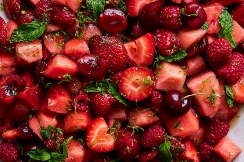 Bowl of colorful watermelon fruit salad with mint and berries