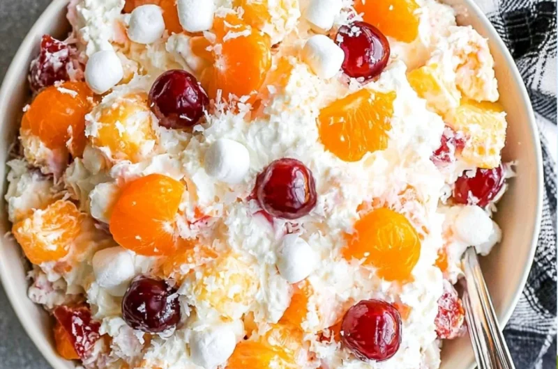 Cozy Ambrosia Salad served in a bowl with fresh fruits and creamy topping