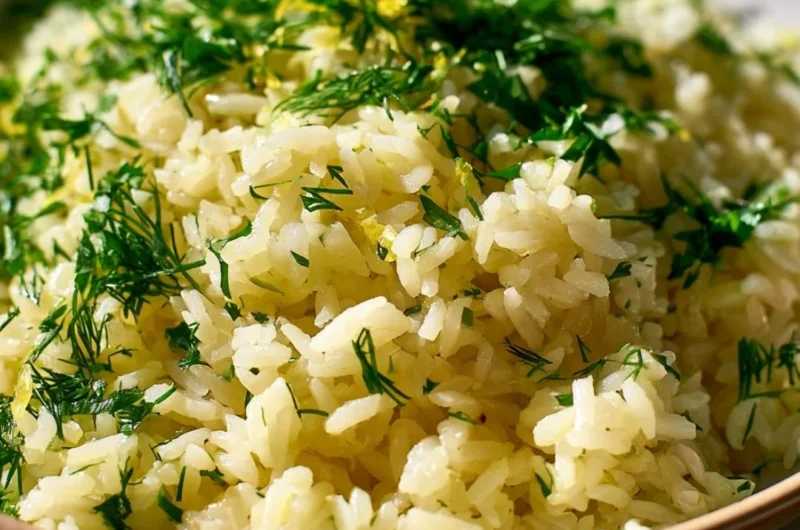 Delicious bowl of authentic Greek lemon rice garnished with fresh herbs