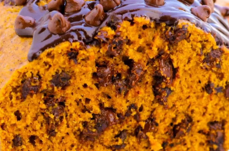 Delicious slice of chocolate chip pumpkin bread on a wooden table