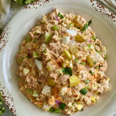 Delicious tuna salad with eggs served in a bowl