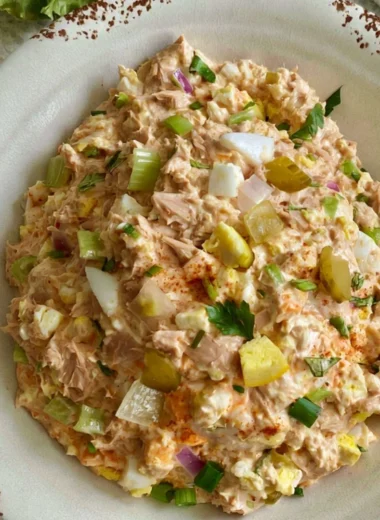 Delicious tuna salad with eggs served in a bowl