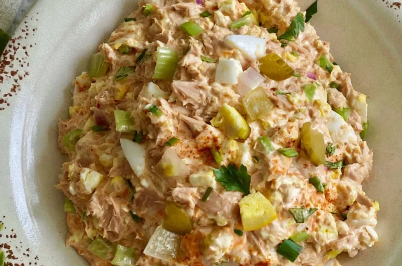 Delicious tuna salad with eggs served in a bowl