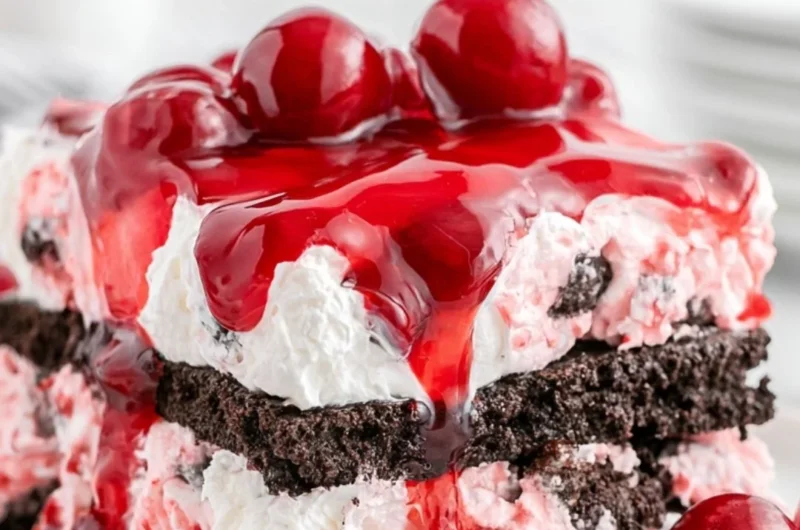Delicious Black Forest Icebox Cake layered with chocolate, cherries, and whipped cream