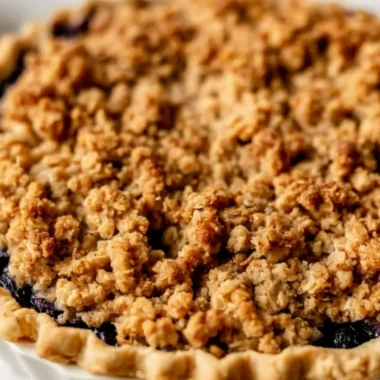 Cozy blueberry crumble pie with a golden brown topping and fresh blueberries