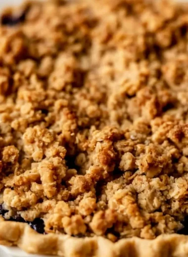 Cozy blueberry crumble pie with a golden brown topping and fresh blueberries