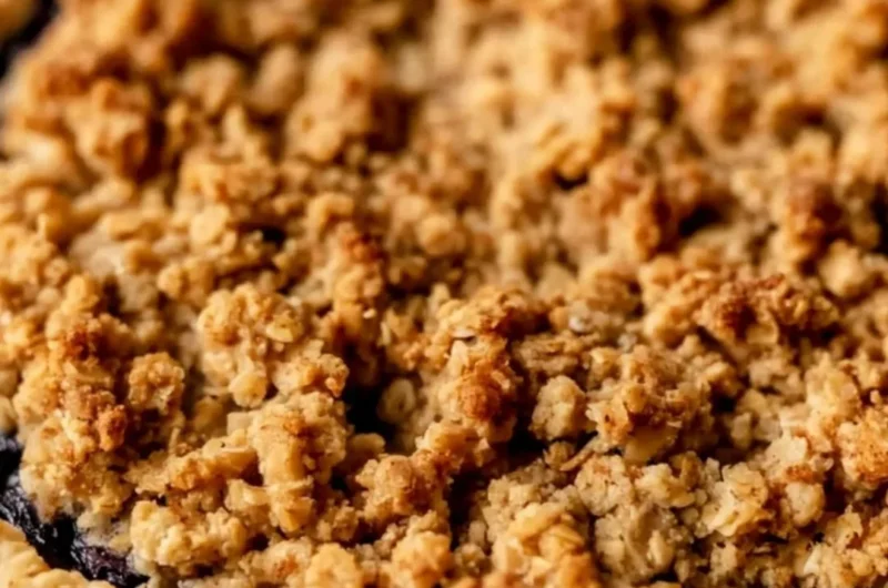 Cozy blueberry crumble pie with a golden brown topping and fresh blueberries