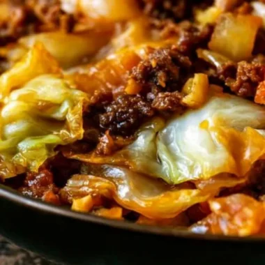Savory dish of cabbage and ground beef served in a cozy setting