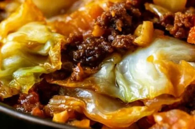 Savory dish of cabbage and ground beef served in a cozy setting