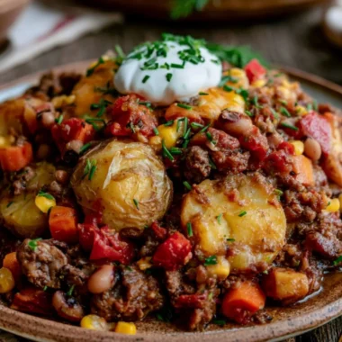Deliciously baked Cowboy Casserole served in a rustic dish
