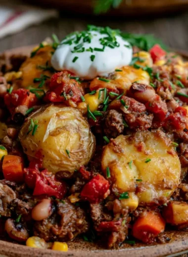 Deliciously baked Cowboy Casserole served in a rustic dish