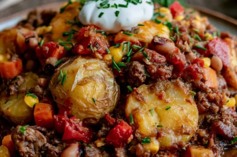 Deliciously baked Cowboy Casserole served in a rustic dish