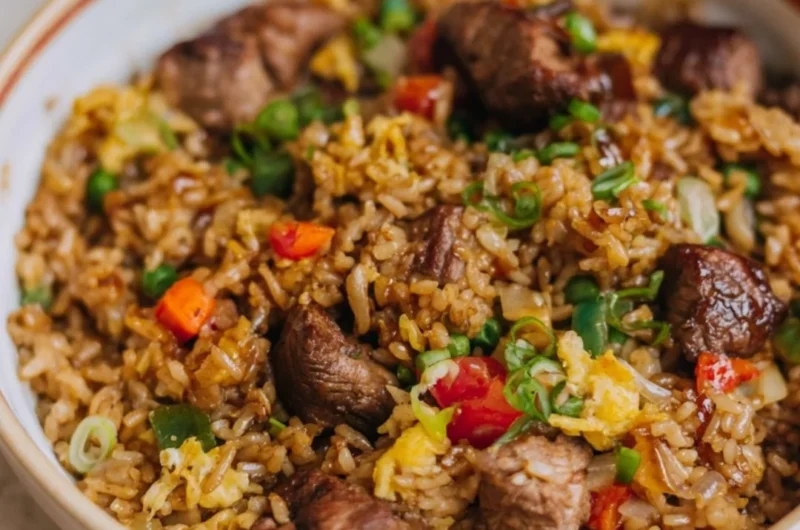 Delicious cozy steak fried rice topped with fresh vegetables and savory seasoning.