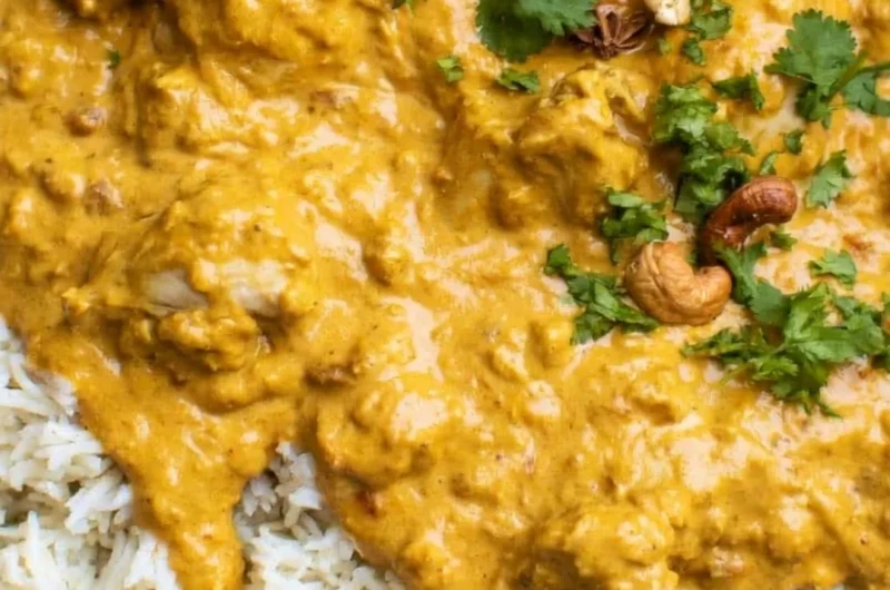Delicious creamy Chicken Korma served with rice and garnished with herbs.