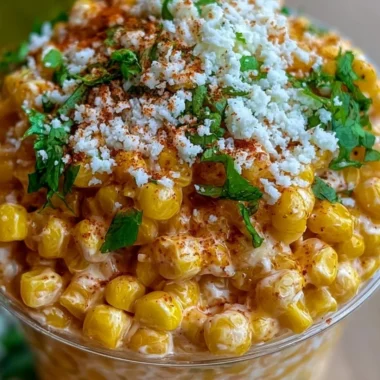 Delicious creamy Mexican street corn esquites served in a cup with toppings
