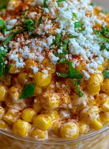 Delicious creamy Mexican street corn esquites served in a cup with toppings