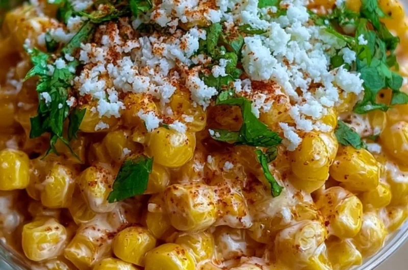 Delicious creamy Mexican street corn esquites served in a cup with toppings