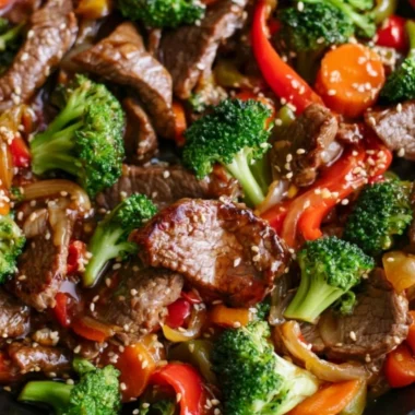 Delicious easy beef stir fry with colorful vegetables in a pan