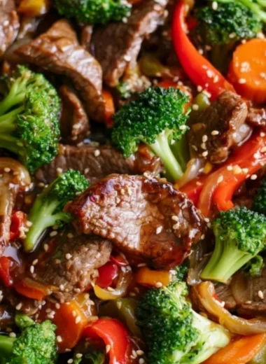 Delicious easy beef stir fry with colorful vegetables in a pan