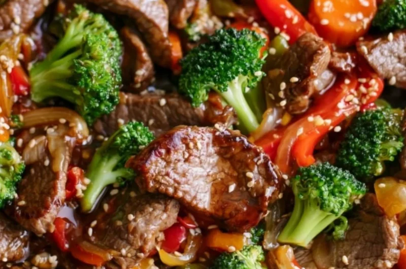 Delicious easy beef stir fry with colorful vegetables in a pan