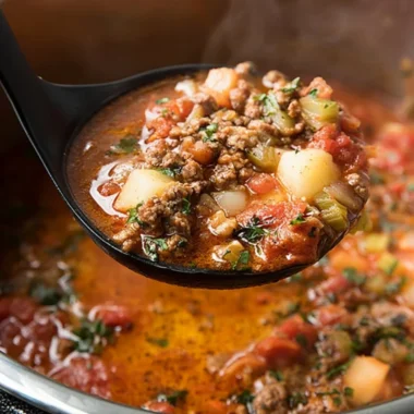 Delicious Instant Pot Hamburger Soup in a bowl garnished with fresh herbs