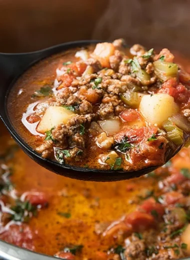 Delicious Instant Pot Hamburger Soup in a bowl garnished with fresh herbs