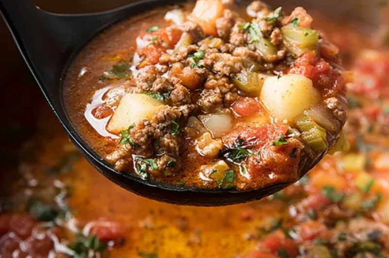 Delicious Instant Pot Hamburger Soup in a bowl garnished with fresh herbs