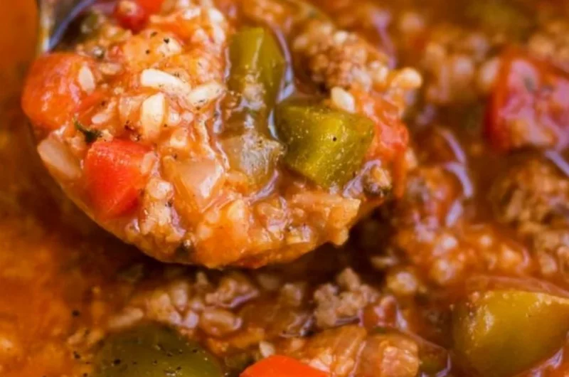 Bowl of delicious Instant Pot Stuffed Pepper Soup topped with fresh herbs