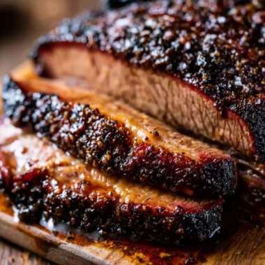 Oven baked beef brisket sliced and served on a platter with sides.