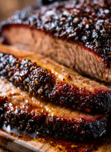 Oven baked beef brisket sliced and served on a platter with sides.