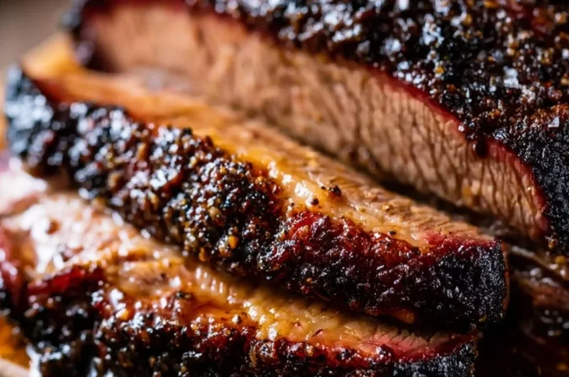 Oven baked beef brisket sliced and served on a platter with sides.