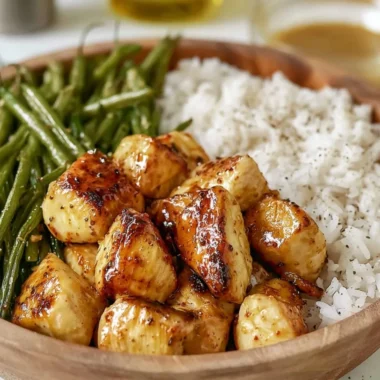 Delicious honey mustard chicken bowl with vegetables and grains