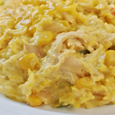 Delicious slow cooker cheesy chicken and rice dish ready to serve