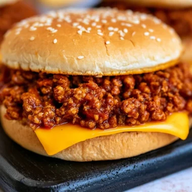 Slow cooker sloppy joes served on a bun with a side of pickles