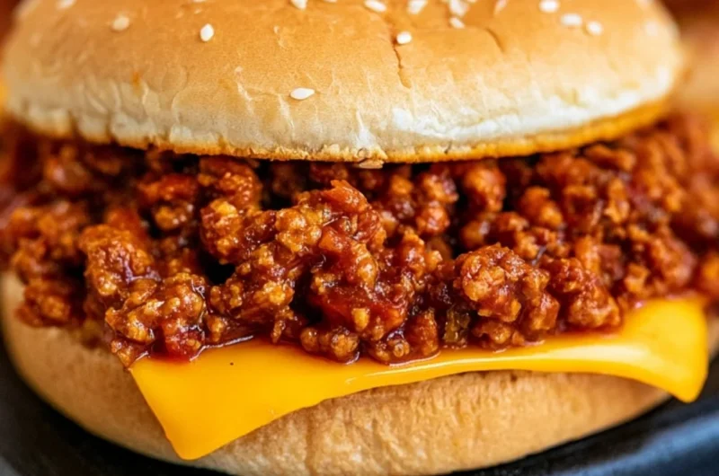 Slow cooker sloppy joes served on a bun with a side of pickles